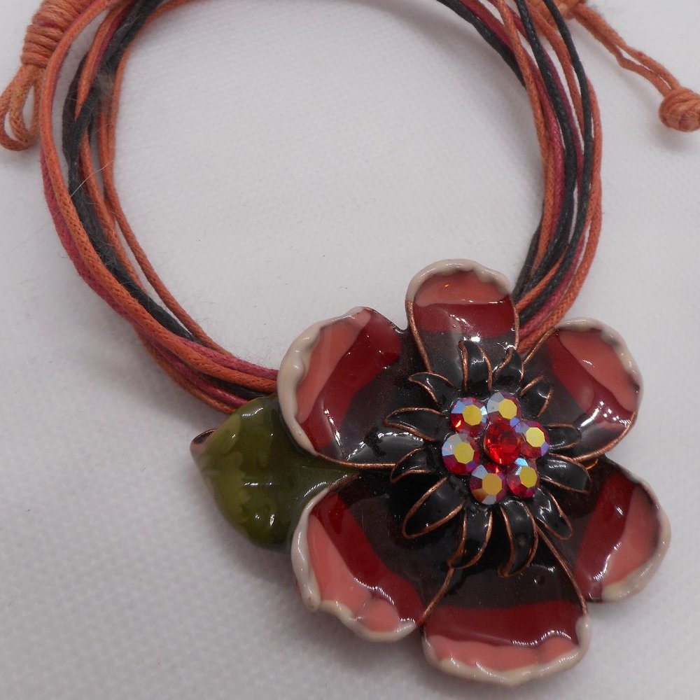 Red & Pink Enamel Large Flower on a Multi-Color String Necklace w/ AB Crystals